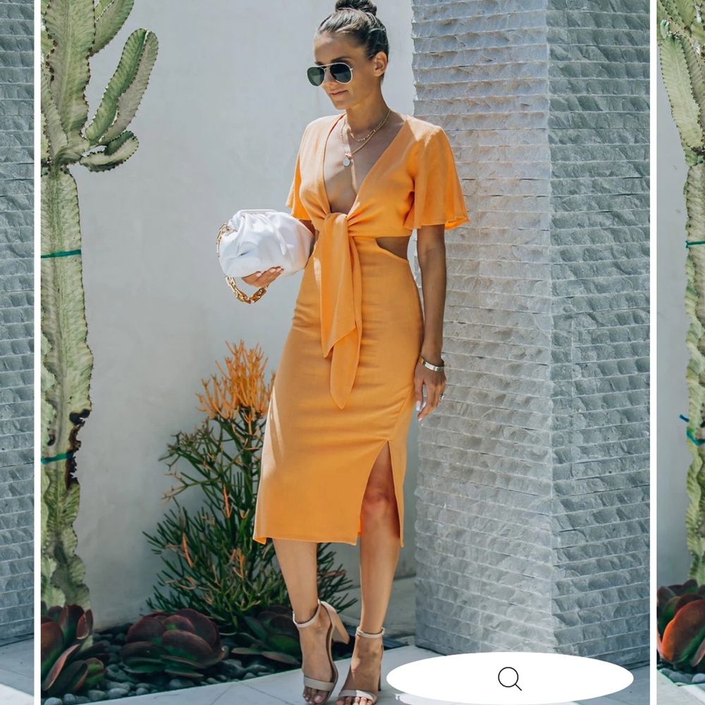 NWOT Vici Orange Plunge Neck Cutout Front Tie Midi Linen Dress Medium